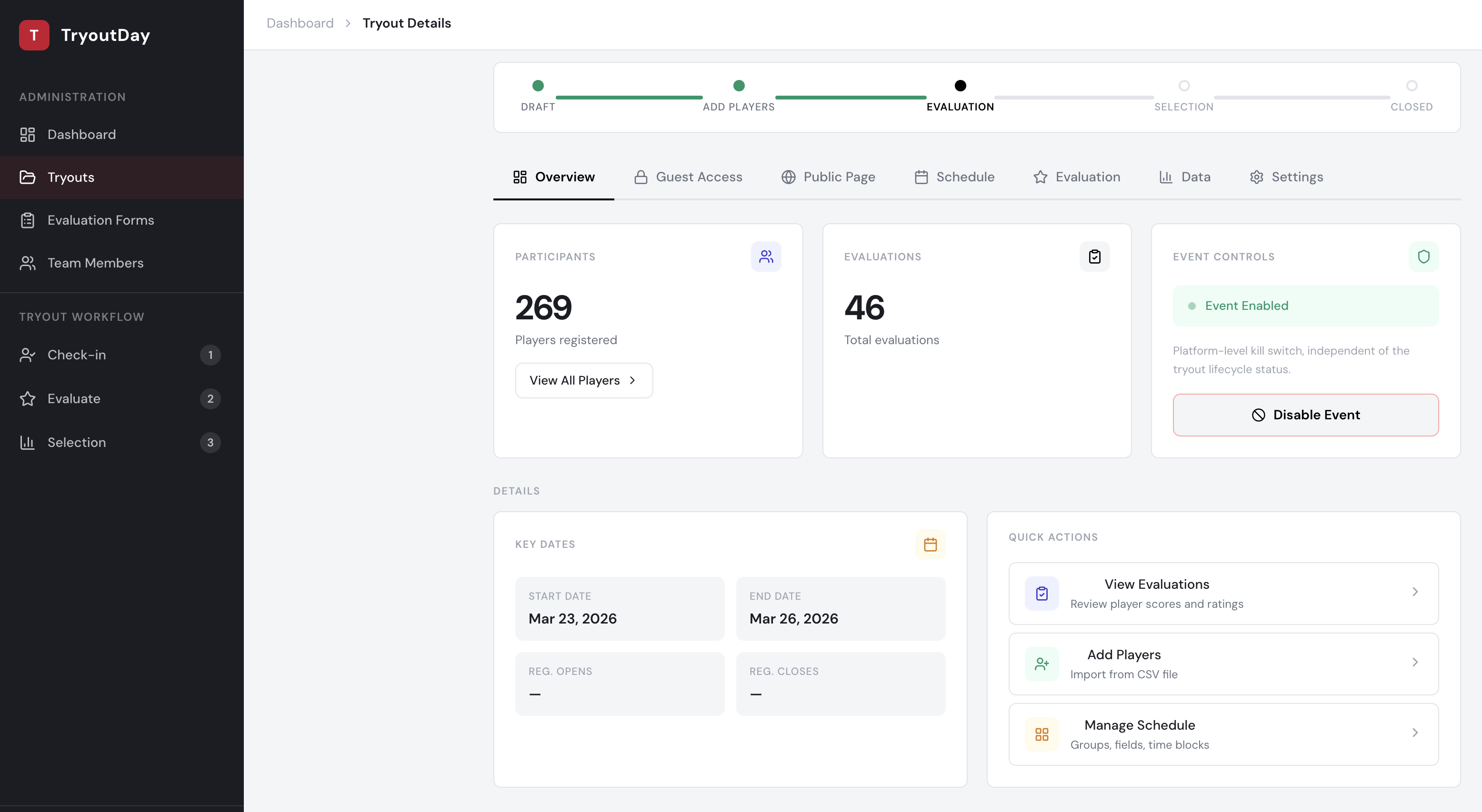 TryoutDay dashboard showing tryout management interface